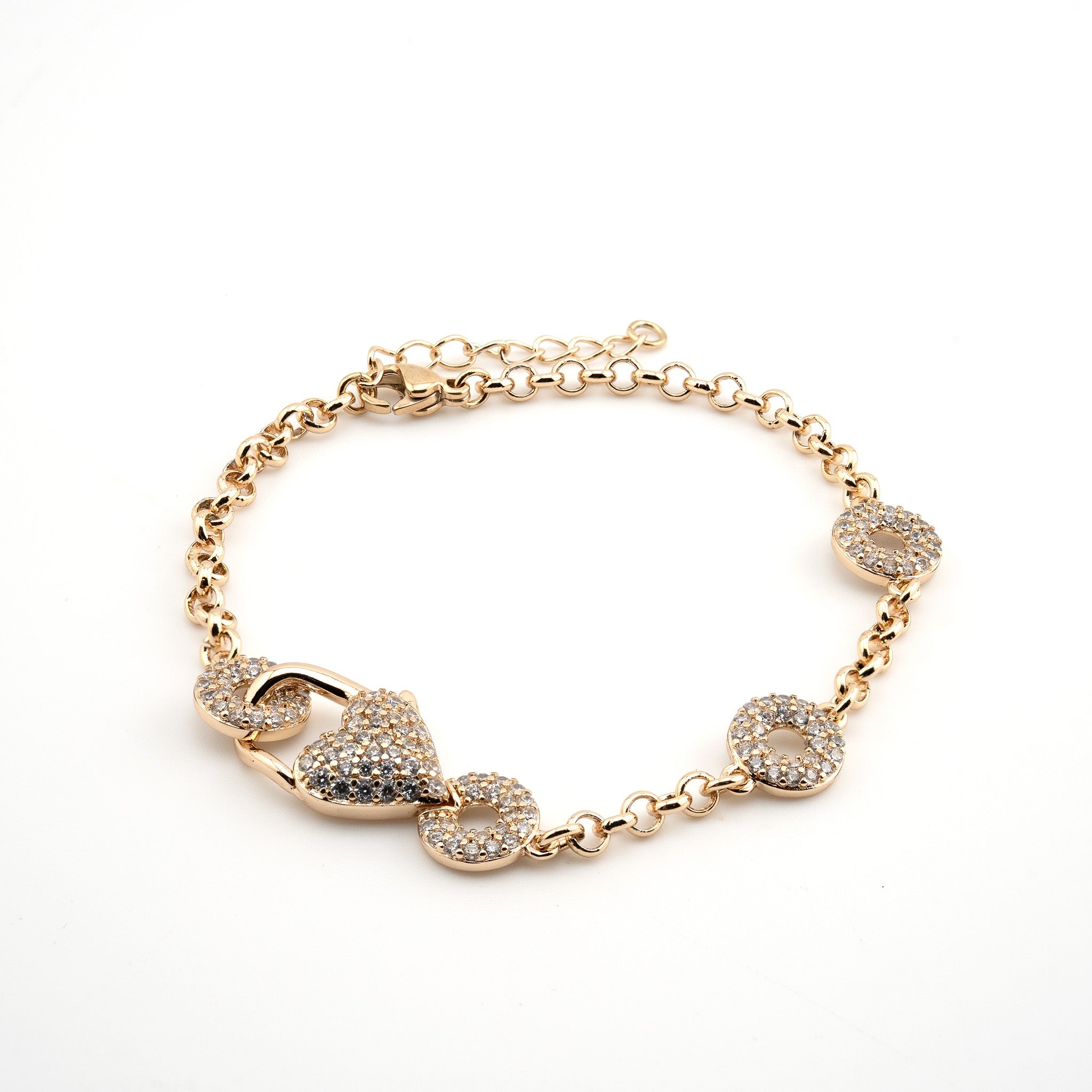 Pulsera dorada con círculos con cristales y corazón