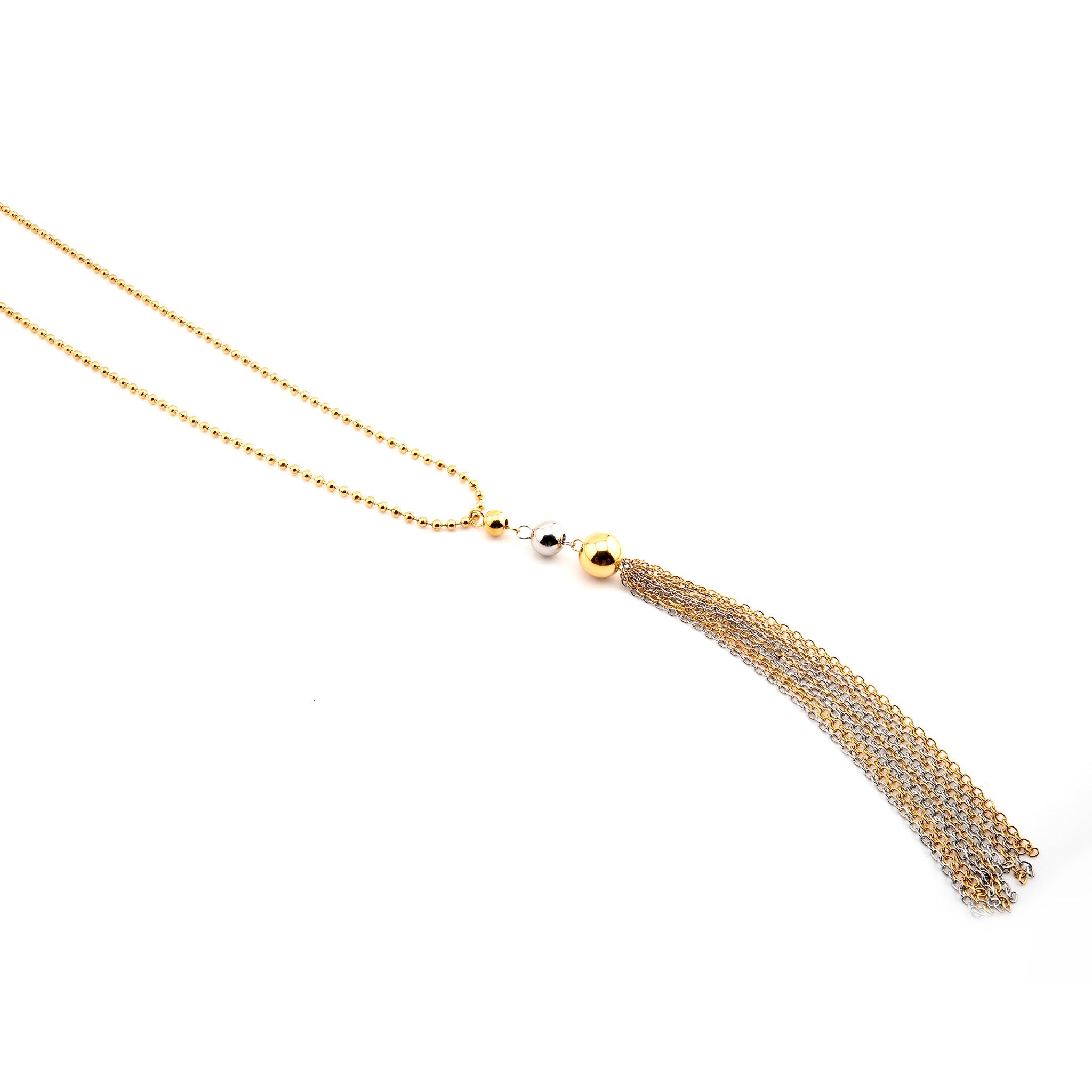 Collar dorado con plateado con colgante de esferas y cadenas